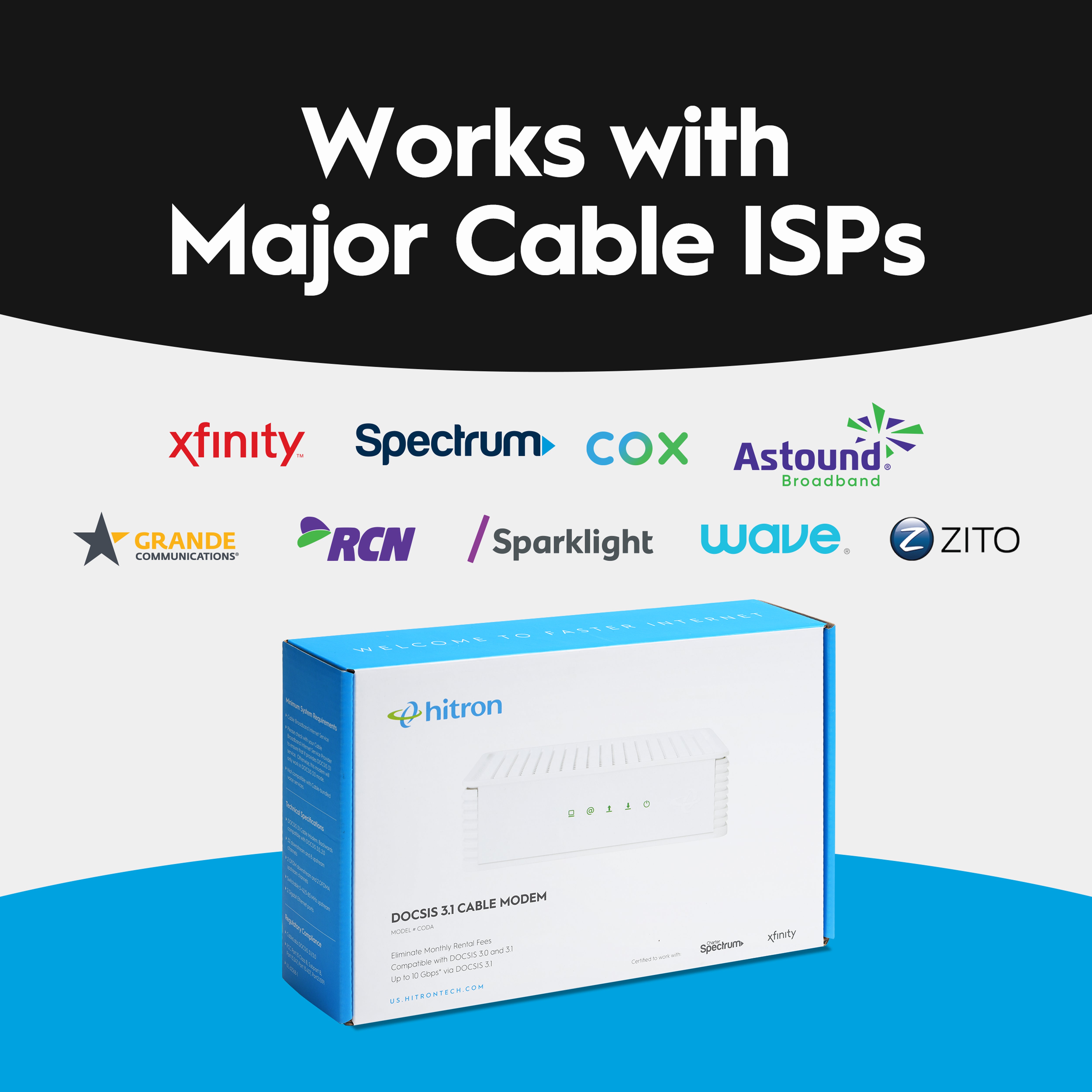 Hitron CODA DOCSIS 3.1 Gigabit Cable Modem for Xfinity®, Spectrum® & Cox®