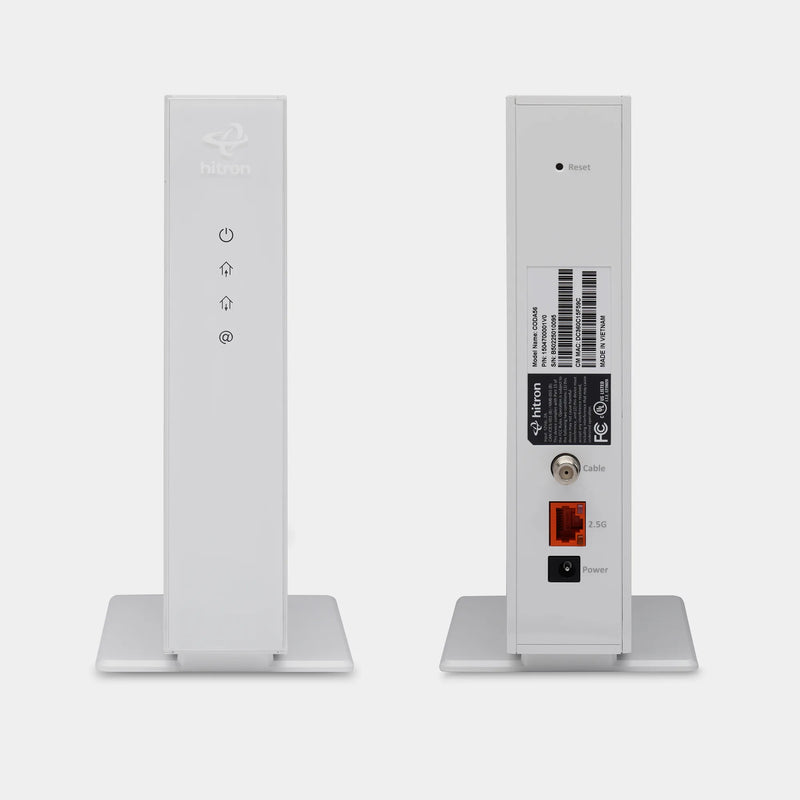 Hitron CODA56 DOCSIS 3.1 cable modem rear view of 2.5 Gigabit port, coaxial connection and power port.